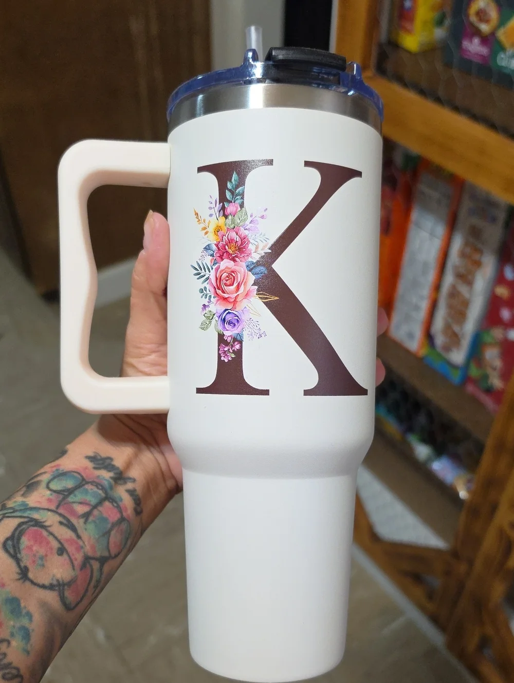 Personalized K Floral Initial Travel Tumbler - White